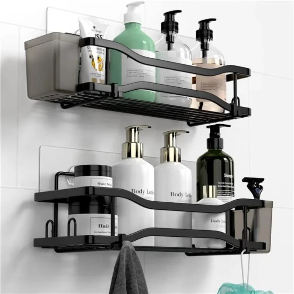 2 Pack Bathroom Shower Organizer, Adhesive Shelves with hooks and Hanging Cups